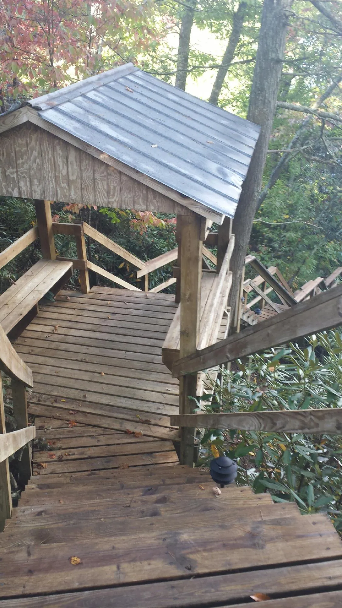 Metal roofed shelter over wooden steps on a wooded walkway — Skylight Repair & Installation work by our crew in Rock Cave